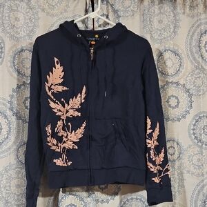 Navy Hoodie with Pink Leaf Design